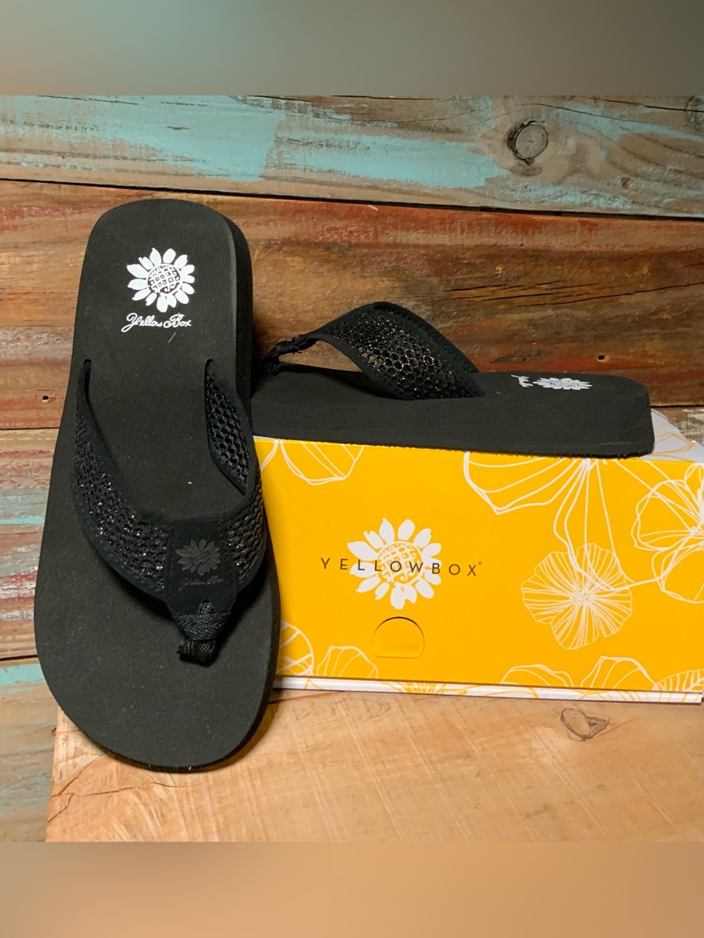 Yellow Box Black Mesh Flip Flop Sandals with Sparkle Straps